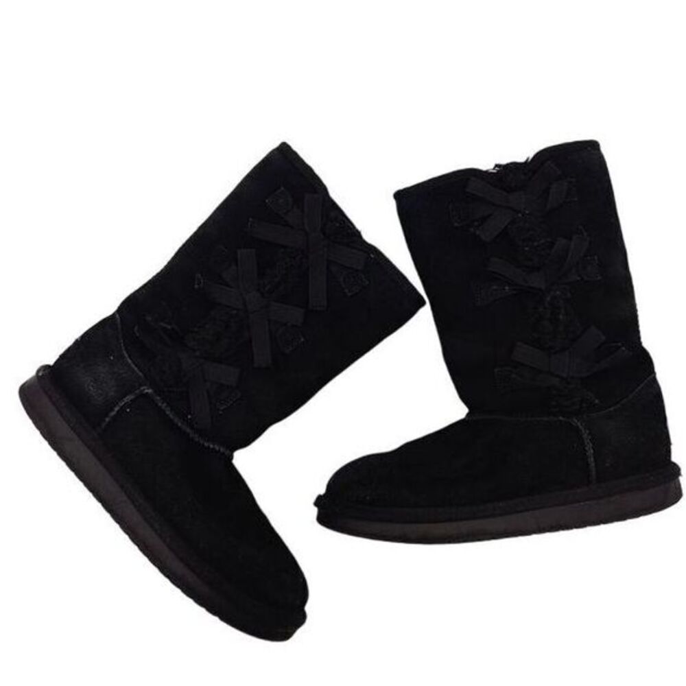 KOOLABURRA UGG Victoria Tall Boot Girl Size 4 Bows Suede Shearling Black Cute